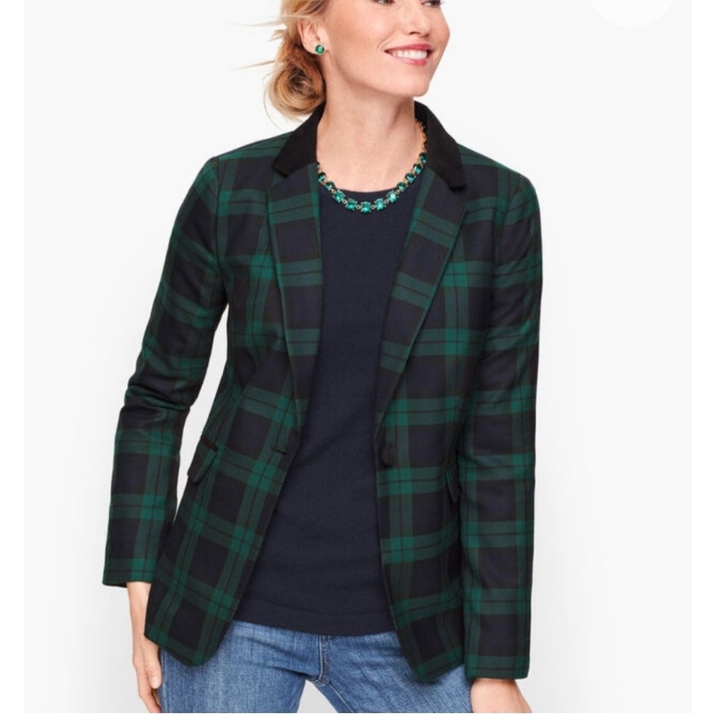 Talbots Kate Fit Green and Black Tartan Plaid Wool Blend Blazer 6 petite